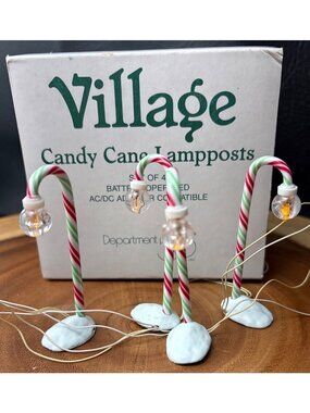 Village Candy Cane Lampposts Set of 4 Battery Operated 52621 Department 56